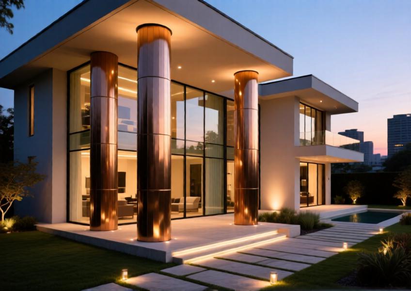 Luxury villa with bronze-finish aluminium-clad columns illuminated at twilight, merging elegance and modernity.