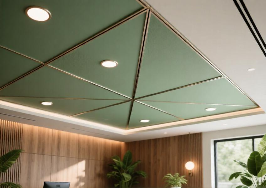 Close-up of a matte sage green aluminum ceiling in a luxury spa, combining acoustic functionality with serene, nature-inspired design.