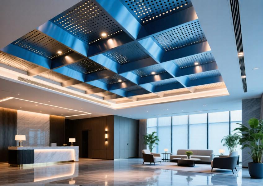 Luxury hotel interior with anodized blue perforated aluminum ceiling illuminated by ambient lighting