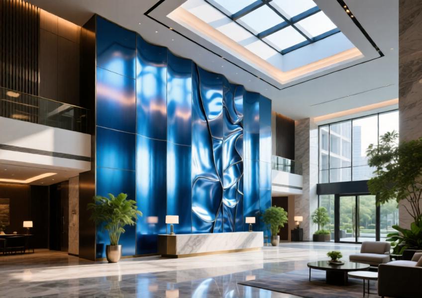Luxury hotel lobby with anodized blue brushed aluminum feature wall in natural light.