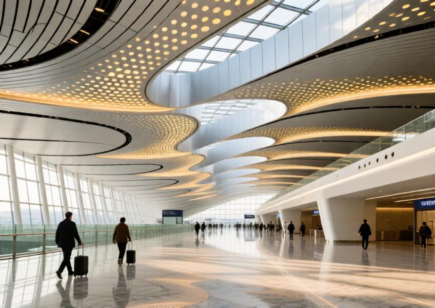 Interior of a high-end airport with sculptural perforated aluminum ceilings in brushed silver-gold finish, blending structure and artistry