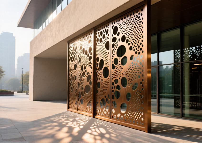 Anodized bronze perforated aluminum screen casting intricate shadows on a cultural building’s exterior.