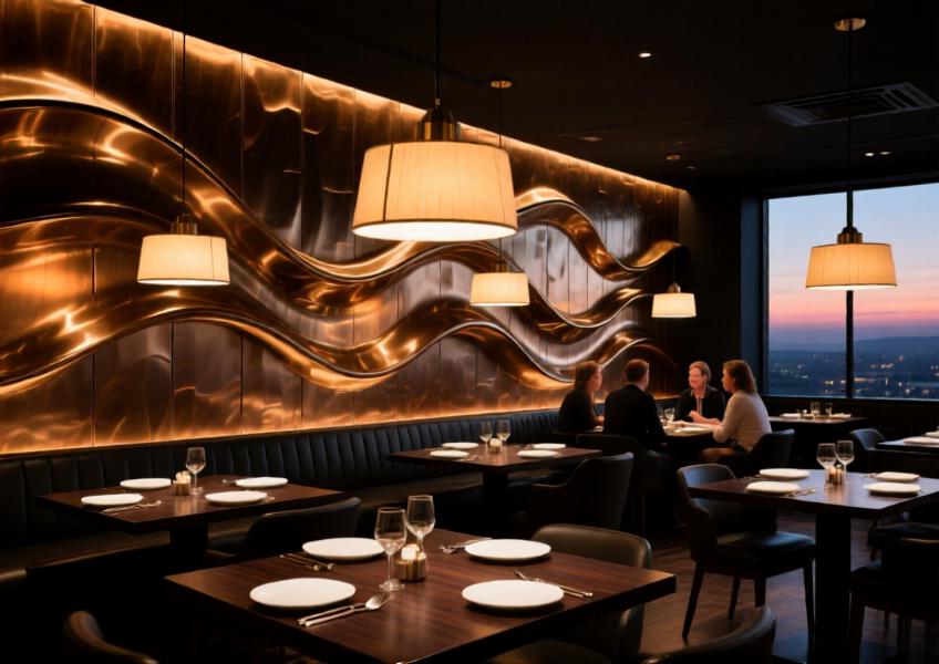 Bronze-finished aluminum wall cladding in flowing shapes creates an immersive, artistic atmosphere in a high-end restaurant.