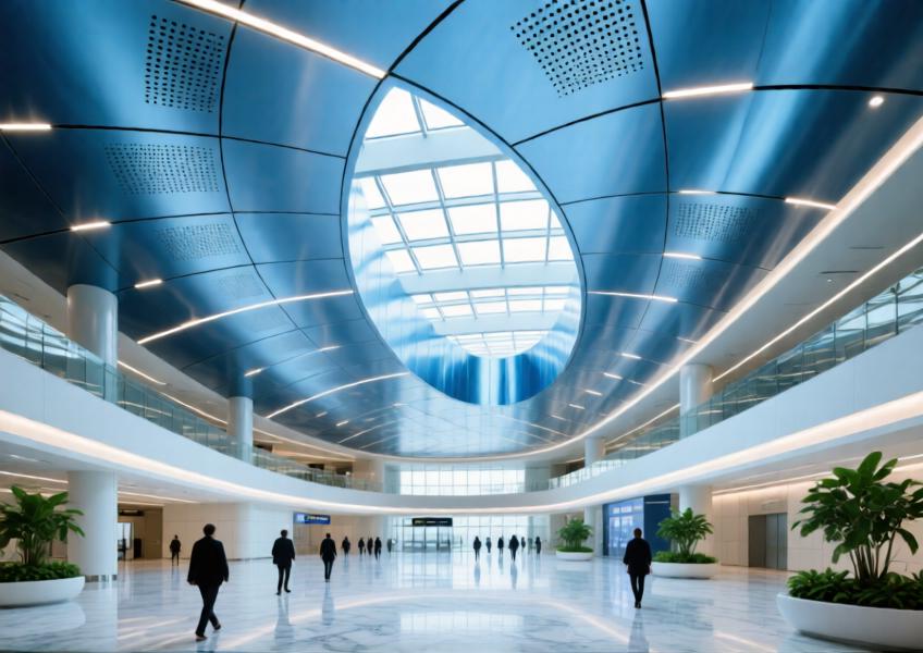 Curved anodized blue aluminum ceiling in a luminous, high-end airport atrium with acoustic perforations and ambient lighting.