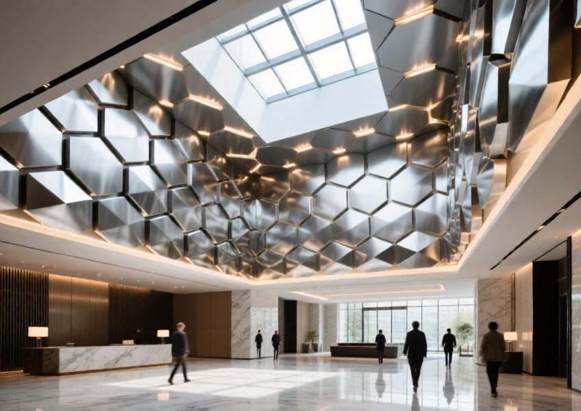 Sleek brushed aluminum ceiling in a sunlit luxury hotel lobby with integrated lighting.