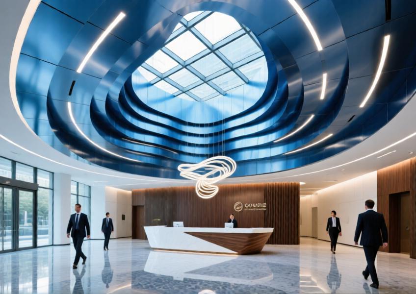 Luxury corporate lobby featuring anodized blue aluminum ceiling panels in a dynamic wave pattern under natural and ambient lighting.