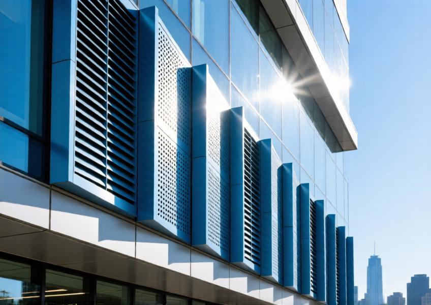Exterior detail of anodized blue aluminum louvers and perforated sunshades on a commercial facade.