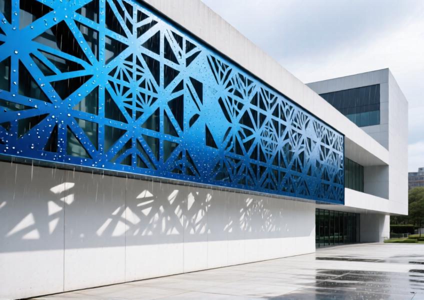 Close-up of an anodized blue laser-cut aluminum facade casting decorative shadows