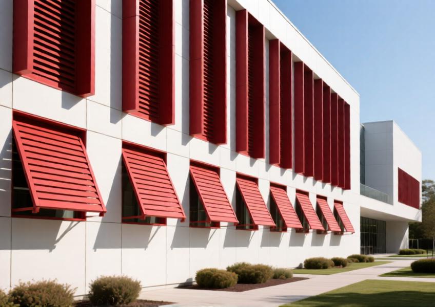 Close-up of a museum's deep red matte aluminum louver system casting dynamic shadows under bright daylight.