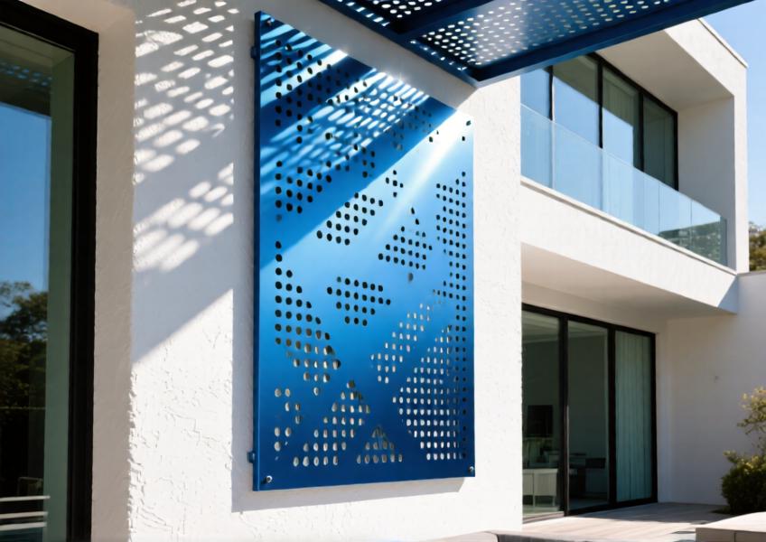 Close-up of anodized blue perforated aluminum sunscreen casting dynamic shadows on a villa façade