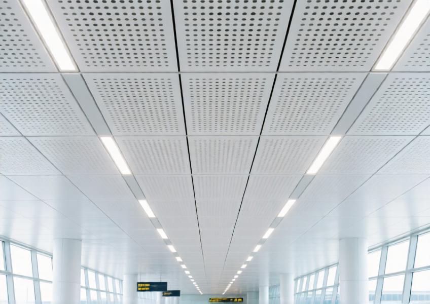Perforated matte white aluminum ceiling in a modern airport terminal with LED lighting.