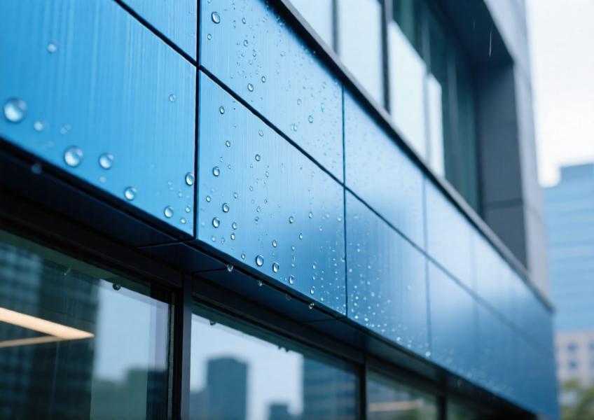 Detail view of anodized blue aluminum cladding with water-resistant finish.