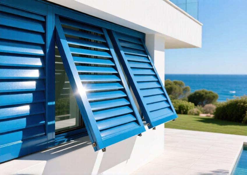 Close-up of anodized blue aluminum louvers on a coastal luxury villa.