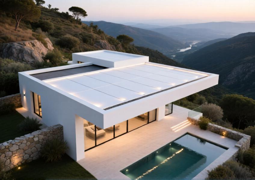Luxury villa with matte white aluminum ceiling on an exterior overhang, viewed from above in a natural landscape setting.