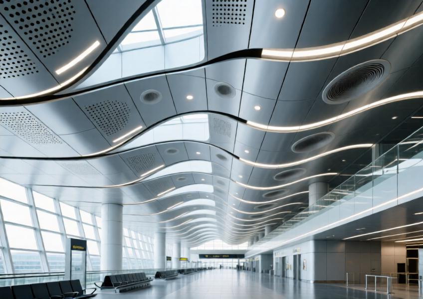 Curved perforated aluminum ceiling in a Tokyo airport terminal with integrated lighting and acoustics
