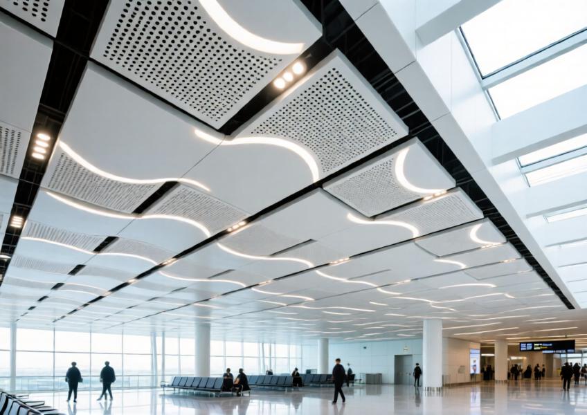 Perforated matte white aluminium ceiling in a bright airport terminal with integrated lighting.