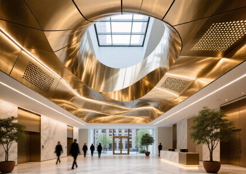 Luxurious interior atrium with a flowing champagne gold aluminum ceiling integrating light and acoustic design in New York