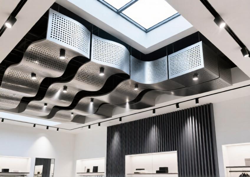 Modern retail space with perforated brushed silver aluminum ceiling panels and charcoal grey aluminum grilles for acoustic and aesthetic performance.
