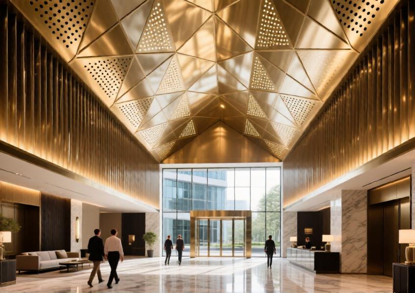 Luxury hotel interior with champagne-gold aluminum ceiling complementing the curtain wall design
