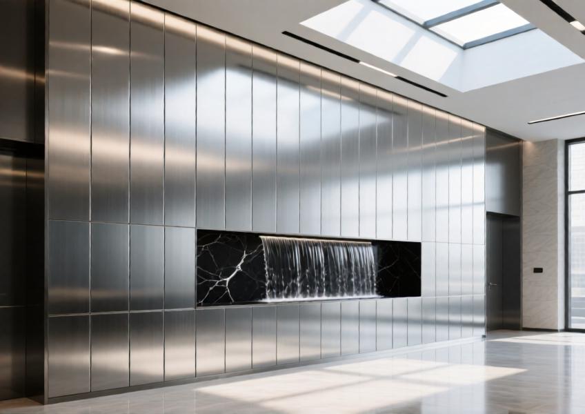 Interior lobby feature wall with brushed aluminum panels and integrated water element