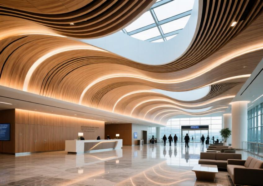 Luxury airport lobby with an intricately designed oak-finish wood effect aluminum ceiling under ambient lighting.