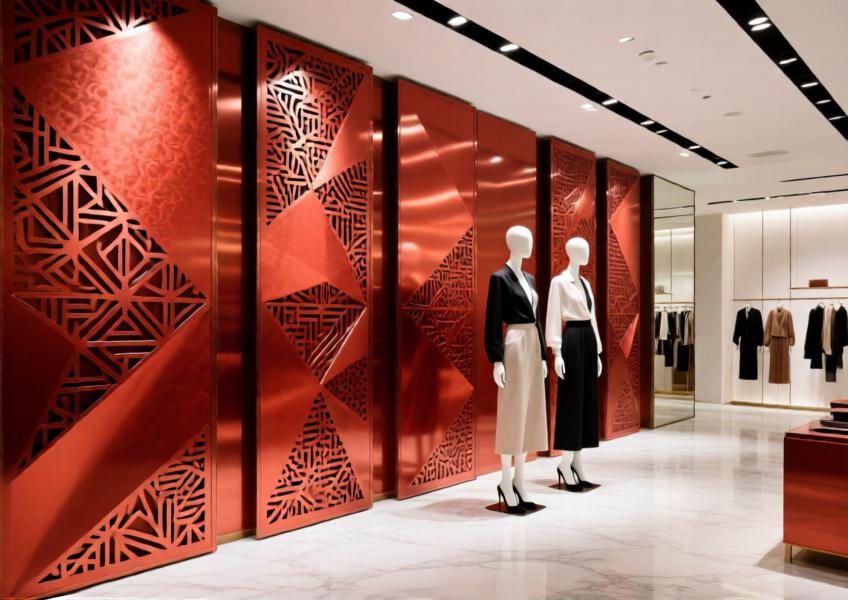 Luxury retail interior with intricately patterned, red anodized aluminum decorative panels