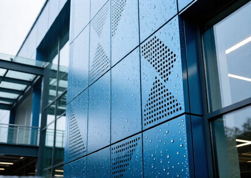 Close-up of anodized blue aluminum cladding with perforated pattern on a commercial building.