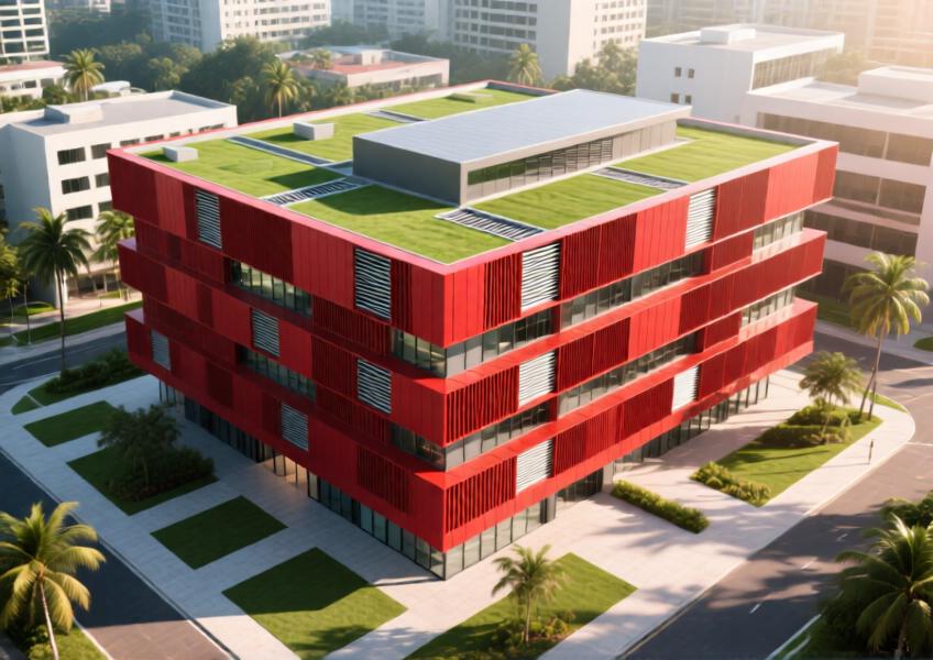 Aerial view of a tropical office building with vibrant red powder-coated aluminium cladding, showcasing ventilated façade design and urban integration.