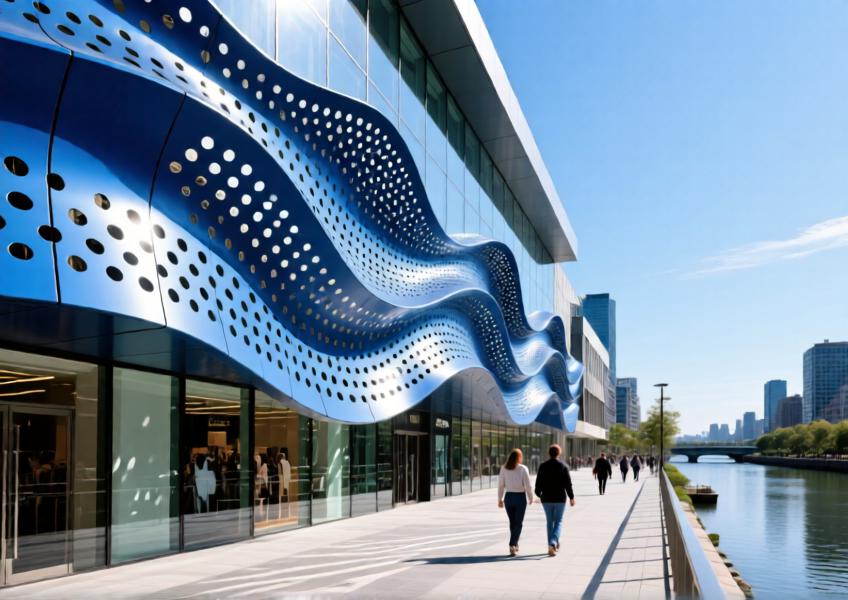 Blue powder-coated perforated aluminum facade with wave pattern in a vibrant urban retail context