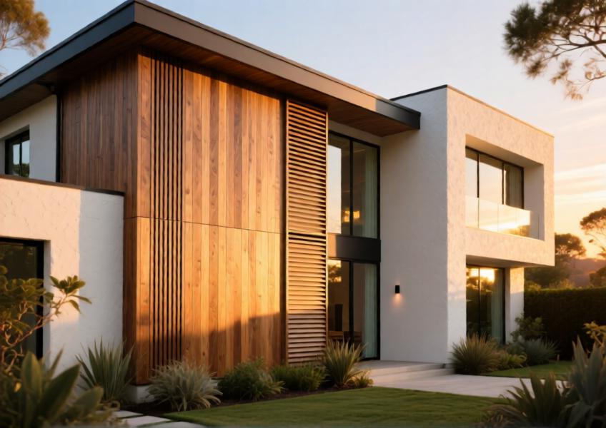 High-end villa using wood finish aluminum for cladding and louvers, harmonizing modern design with natural surroundings at sunset.