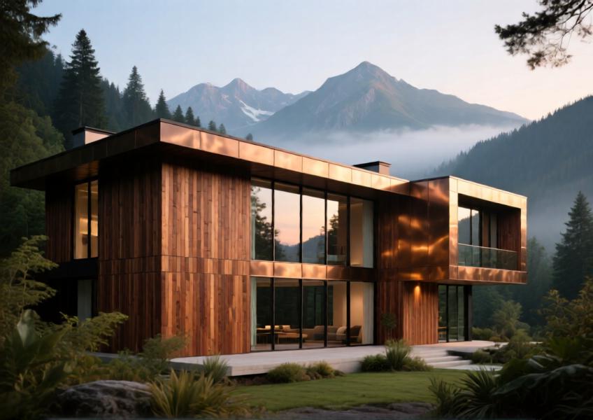 Luxury mountain villa with walnut wood effect cladding and bronze-toned aluminum details, set in a serene dawn-lit forest environment