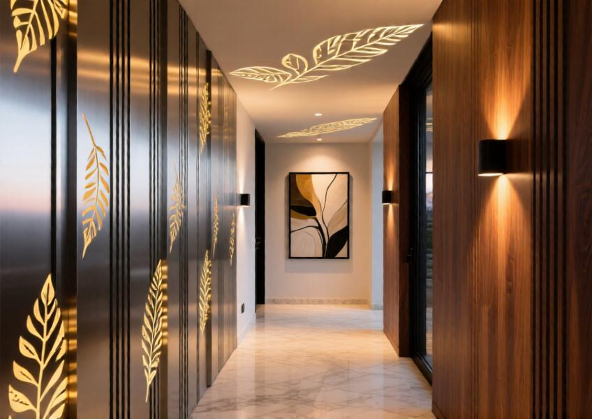 Elegant villa hallway with laser-cut matte silver aluminum and walnut wall panels emitting soft patterned lighting at dusk.