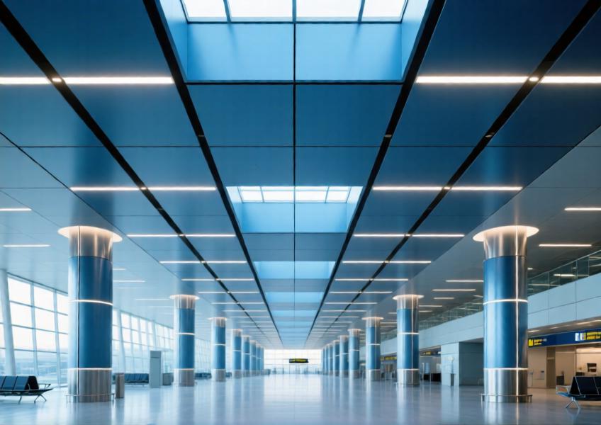 Airport terminal featuring anodized blue aluminum ceiling with integrated lighting and clean geometric design