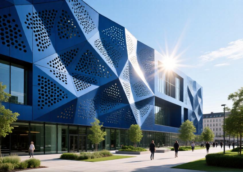 Cultural center façade with anodized blue 3D aluminum decorative panels and sunlight interaction.
