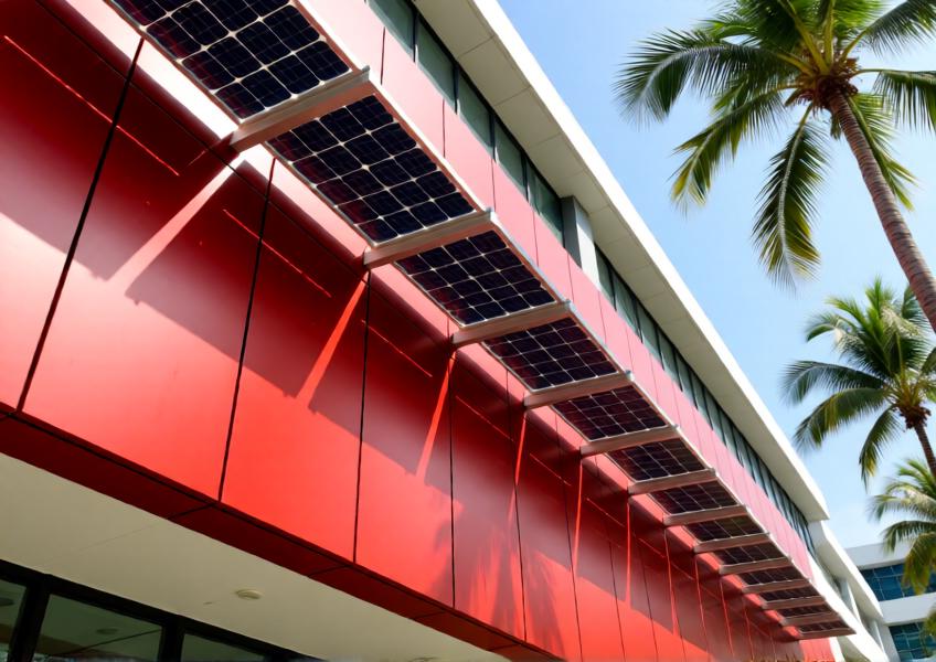 Close-up of vibrant red, thermally broken aluminum panels with solar shading on a green building in a tropical urban environment.