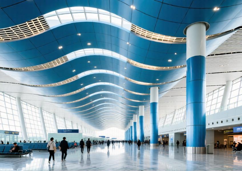 Beijing airport terminal with anodized blue aluminum ceiling under natural daylight.