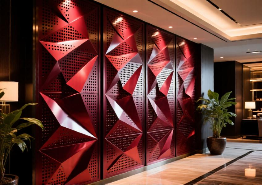 Close-up of burgundy red perforated aluminium decorative wall in a luxury hotel