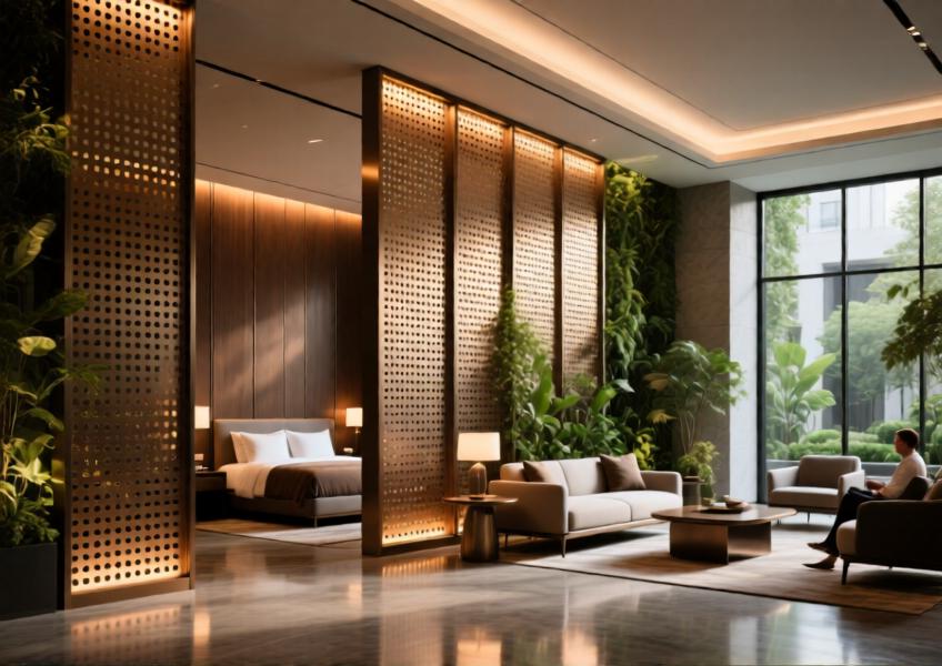 High-end hotel lobby with bronze powder-coated perforated aluminum panels used as illuminated decorative partitions