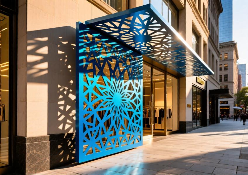 Anodized blue aluminum decorative facade panel with laser-cut pattern on a luxury retail building.