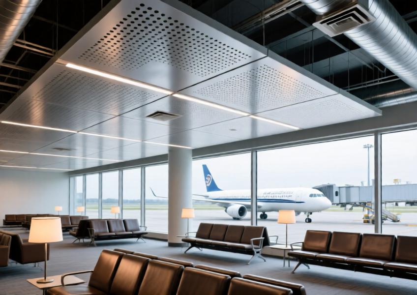 Contemporary airport lounge with perforated matte silver aluminum ceiling providing acoustic control and elegant architectural lines.