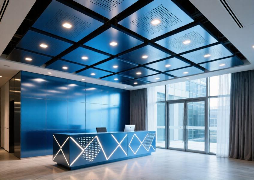 Anodized blue aluminum ceiling and decorative wall panels in a modern commercial lobby with backlighting and acoustic design.