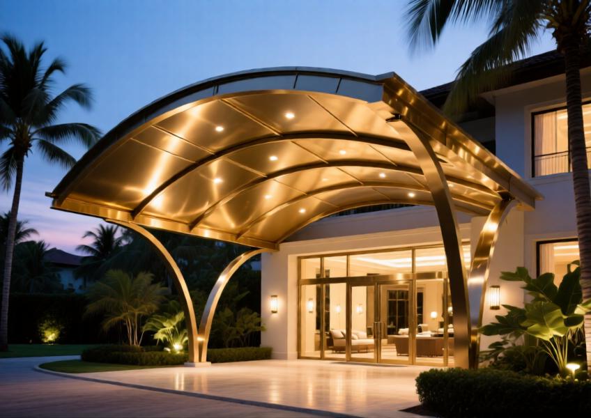 Luxury hotel canopy with gold-toned aluminum ceiling panels enhancing a sophisticated exterior space.