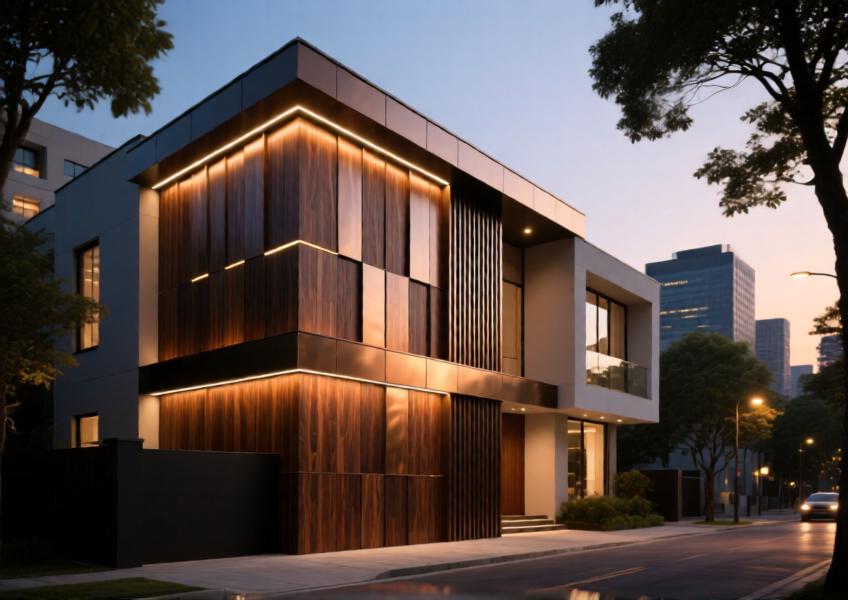 Contemporary luxury villa with illuminated bronze-toned wood effect aluminum cladding on an urban night scene.