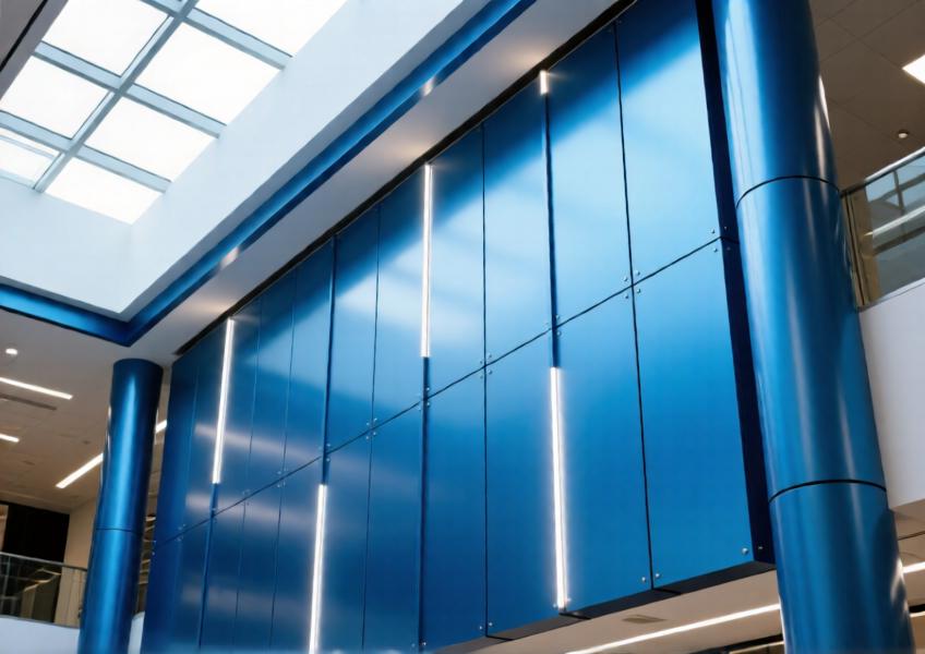 Detail of anodized blue aluminum panels with integrated lighting in a daylight-filled commercial atrium, highlighting seamless design and finish.