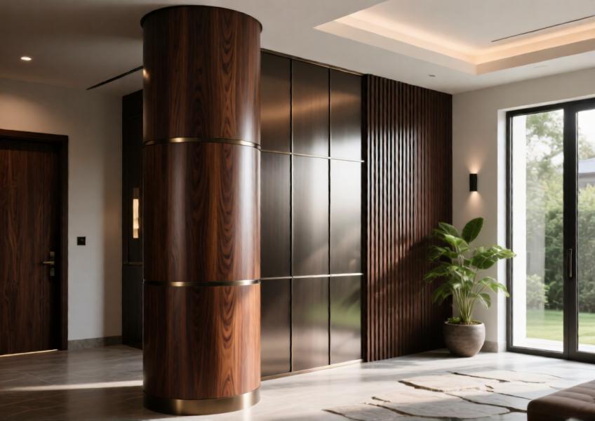 Villa lobby with teak-look matte brown wood-effect aluminum wall and column coverings in natural light.