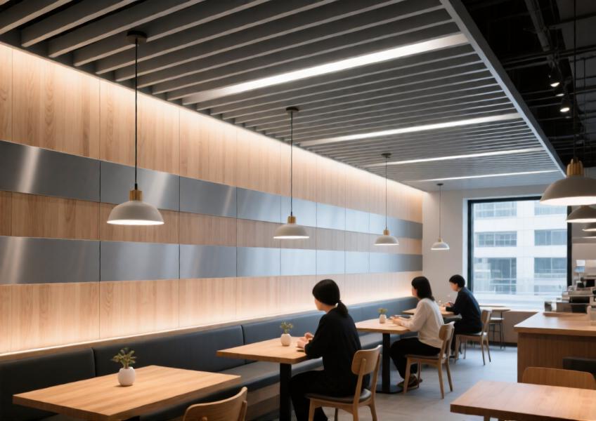 Café interior with matte gray aluminum panels in light oak finish on walls and ceiling