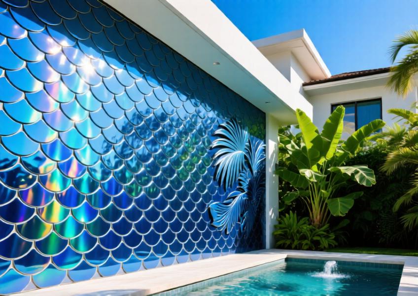 Luxury villa with anodized blue aluminum decorative cladding in a tropical-inspired setting