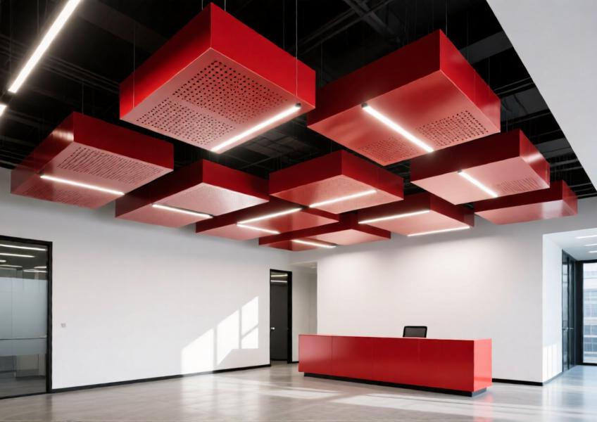 Corporate office lobby with vibrant red powder-coated perforated aluminum ceiling panels and linear lighting