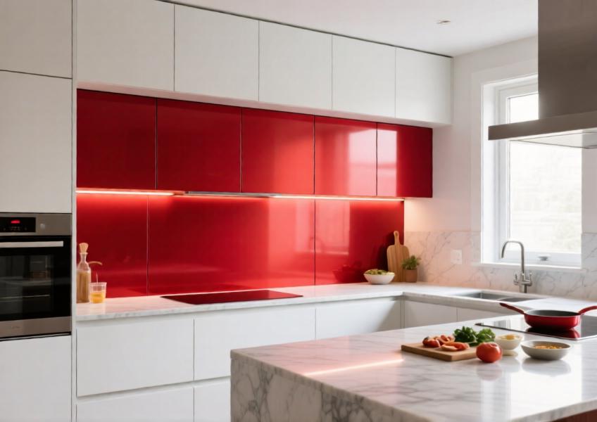 Vibrant red powder-coated aluminum wall panel inserts in a modern luxury kitchen backsplash.