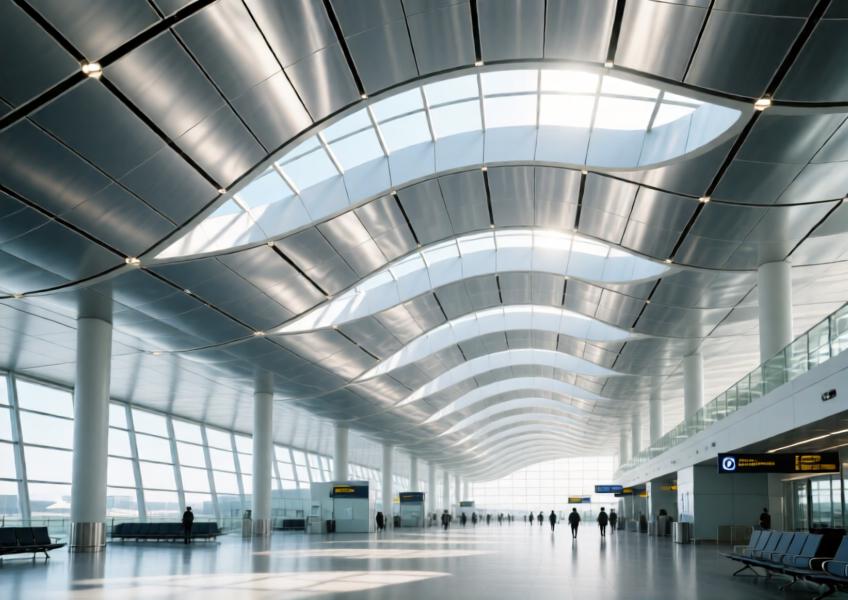 Beijing Daxing-style airport interior with brushed aluminum wave ceiling under natural light